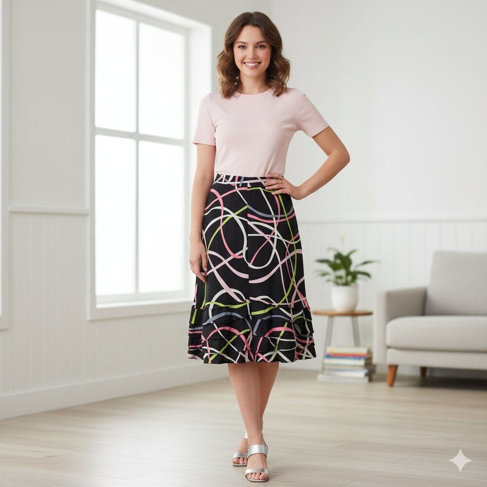 Susan Bristol Women’s Silk A-Line Midi Skirt Size 8 Black Multicolor Ribbon